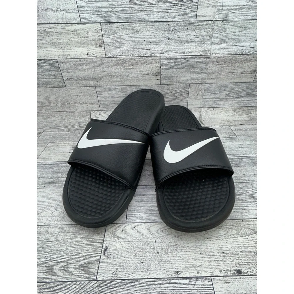 Nike Benassi JDI Black White Swoosh Slide Sandals 343880-011 Men Sz 8